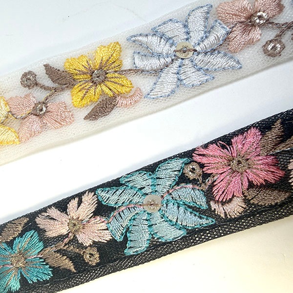 2.3cm幅 花柄インド刺繍リボン  チュール刺繍レース フラワーレース レーステープ 約 インドリボン スマホショルダー ドレス装飾 カチューシャ 手芸用レース ハンドメイド資材手芸材料 営業日即日発送[ワールデザインbistarai]
