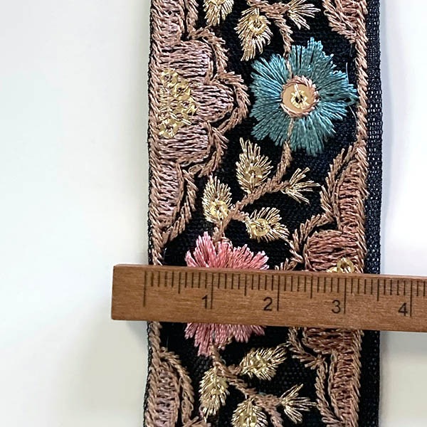 3.5cm幅 ゴールド花柄刺繍入りインド刺繍リボン 和柄フラワーモチーフチュールリボン手芸用リボン 半衿和装アレンジ資材 営業日即日発送