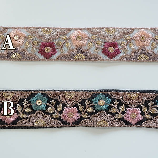 3.5cm幅 ゴールド花柄刺繍入りインド刺繍リボン 和柄フラワーモチーフチュールリボン手芸用リボン 半衿和装アレンジ資材 営業日即日発送