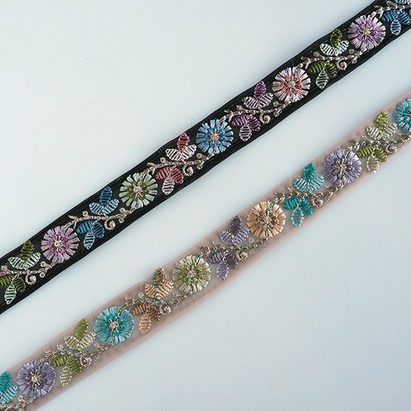 2.5cm幅 細幅　花柄刺繍リボン 細幅インドリボン メッシュフラワー刺繍リボン スパンコール刺繍リボン 営業日即日発送