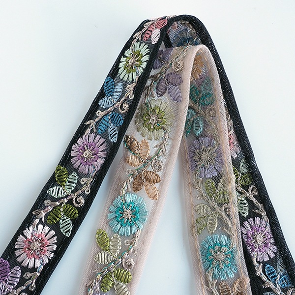 2.5cm幅 細幅　花柄刺繍リボン 細幅インドリボン メッシュフラワー刺繍リボン スパンコール刺繍リボン 営業日即日発送