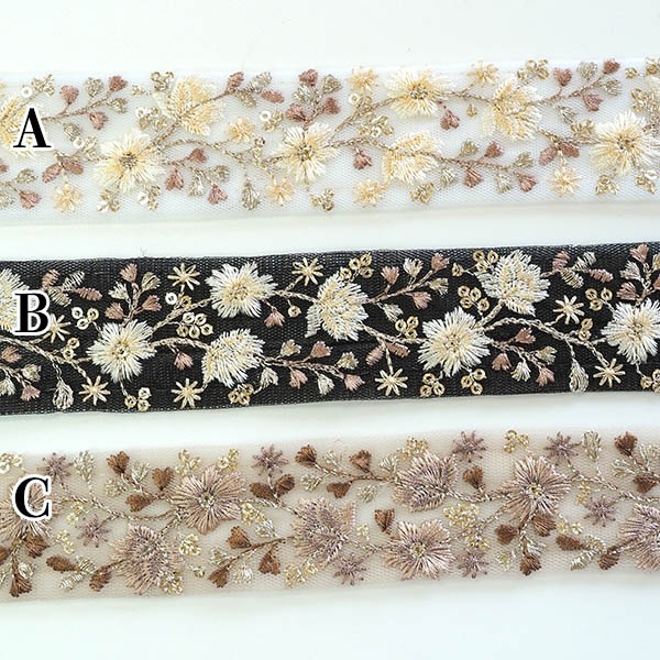 4cm幅 淡色モノトーン インド和柄風花柄チュールリボン スパンコール刺繍リボンブレード オケージョン用ヘアアクセサリー資材 インドリボンショルダーストラップ作り