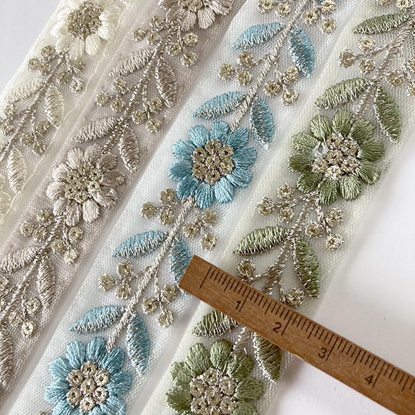 2.5cm幅 スパンコール刺繍チュールリボン インド花柄刺繍リボン スマホショルダー作り チロリアンテープ ラメリボンブレード 営業日即日発送