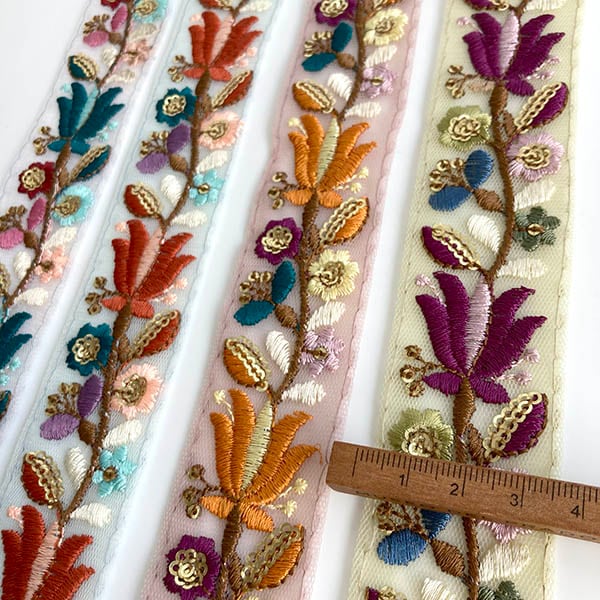 3.5cm幅 インドリボン 花柄 ロータス刺繍 チュールリボン ボタニカル柄 メッシュリボン ショルダーストラップ 営業日即日発送 [ワールデザインbistarai]