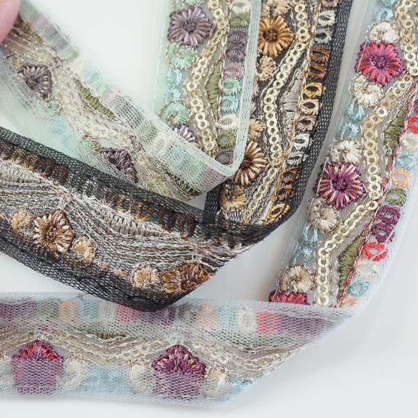 約3cm幅 チュールリボン  細幅インド刺繍リボン メッシュリボン スパンコール刺繍リボン 手芸用リボン 営業日即日発送