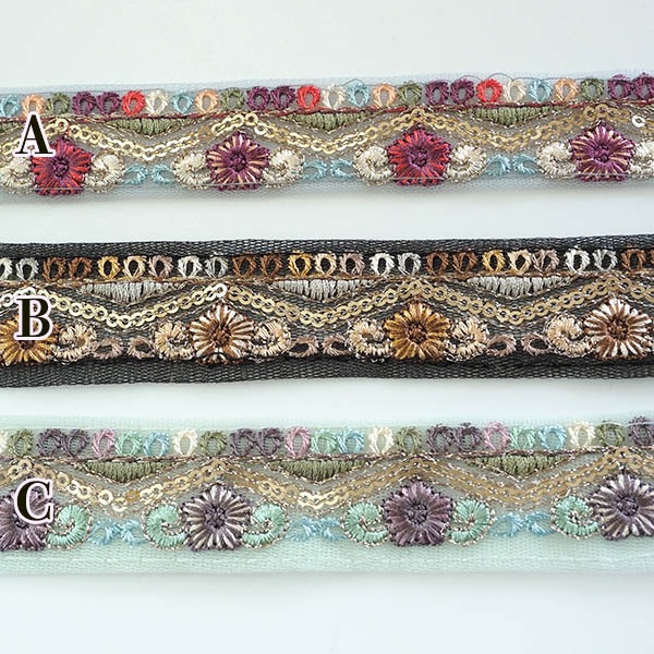 約3cm幅 チュールリボン  細幅インド刺繍リボン メッシュリボン スパンコール刺繍リボン 手芸用リボン 営業日即日発送