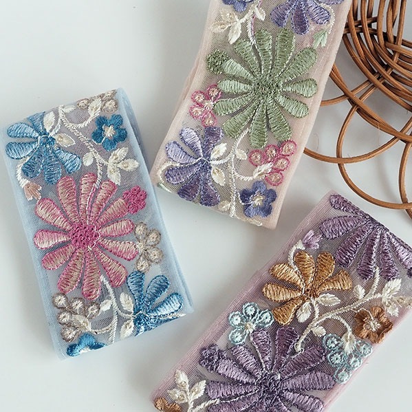 6cm幅 くすみカラー 花火風刺繍リボン インドリボン 菊モチーフ花柄刺繍リボン 手芸用テープ リボン最安値 営業日即日発送【夏も活躍！浴衣リボンアレンジ 夏小物】