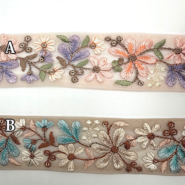 4cm幅 秋色アースカラー インド刺繍リボン 花柄 ボタニカル カラフルフラワー 刺繍リボン チュールリボン フラワー刺繍リボン 透明感 ハンドメイド 手芸材料 ヘアアクセサリー 髪飾り 衣装装飾 推し活 ぬい活 インドリボン 50cm単位 商用利用可 営業日即日発送【ワールデザインbistarai】