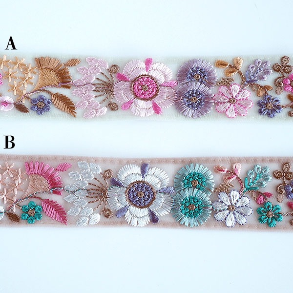 約4.5cm幅 大花柄刺繍リボン インド刺繍リボン ヘアポニー資材 ハンドメイドショルダーストラップ作り チュールリボン  手芸用品店[ワールデザインbistarai]