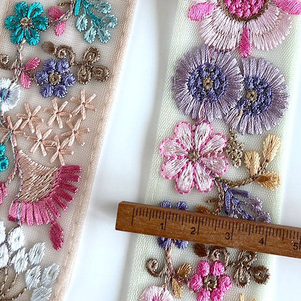 約4.5cm幅 大花柄刺繍リボン インド刺繍リボン ヘアポニー資材 ハンドメイドショルダーストラップ作り チュールリボン  手芸用品店[ワールデザインbistarai]