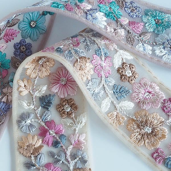 4.5cm幅 カラフルカラー レトロフラワーインド花柄リボン チュール刺繍リボン 手芸用リボン通販 インドリボン5000種類 最安値 営業日即日発送[ワールデザインbistarai]