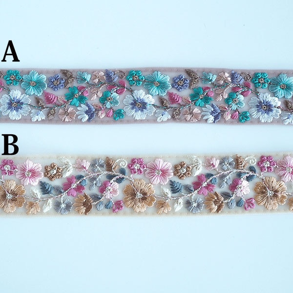 4.5cm幅 カラフルカラー レトロフラワーインド花柄リボン チュール刺繍リボン 手芸用リボン通販 インドリボン5000種類 最安値 営業日即日発送[ワールデザインbistarai]