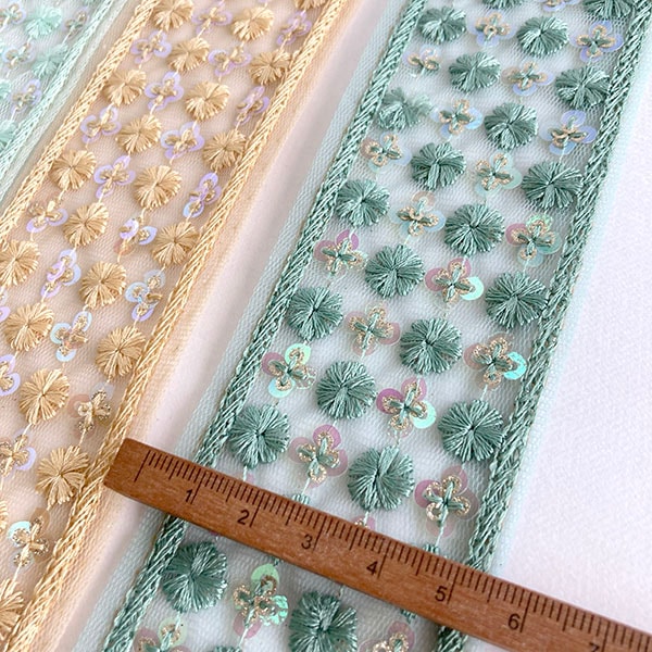 5.5cm幅 くすみカラー スパンコール刺繍チュール素材リボン インド刺繍リボン メッシュリボン  推し活カラーグッズ資材 営業日即日発送 