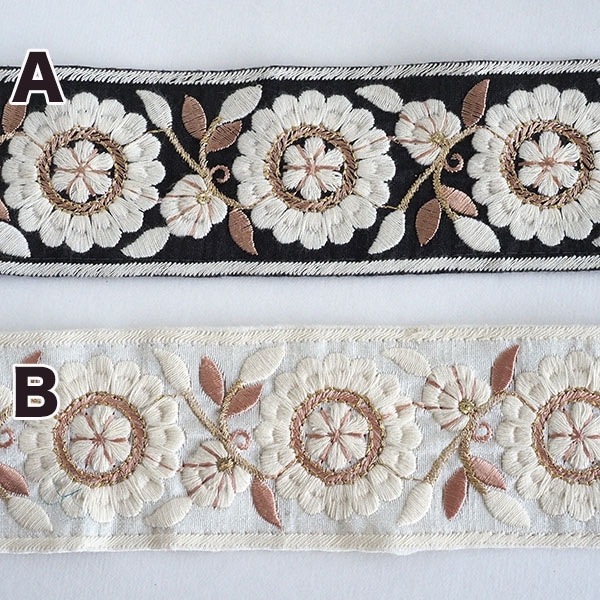 5.5cm幅 大花柄 インド刺繍リボン フラワーリボン ボタニカル柄