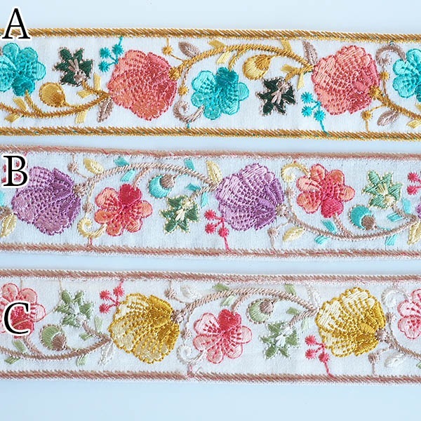 3.5cm幅 和柄風デザイン 厚手ボタニカル花柄インド刺繍リボン 手芸用テープ ハンドメイドショルダーストラップ作り 営業日即日発送 