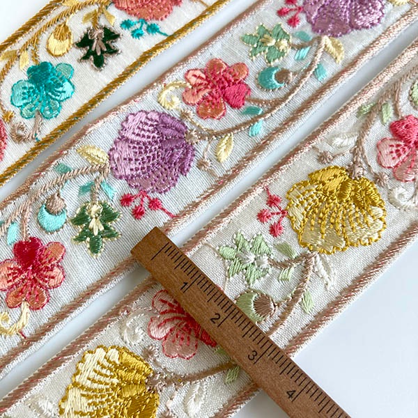 3.5cm幅 和柄風デザイン 厚手ボタニカル花柄インド刺繍リボン 手芸用テープ ハンドメイドショルダーストラップ作り 営業日即日発送 