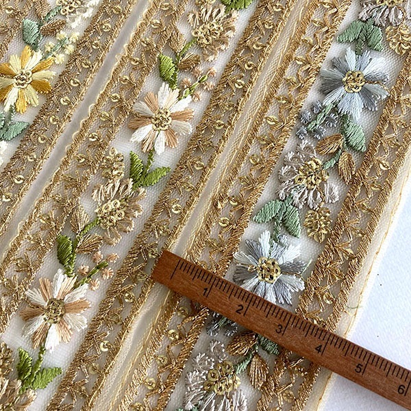 4.5cm幅 花柄インドゴールド刺繍チュールリボン ラメリボンたんぽぽ桜春色お花刺繍手芸用テープ 和装洋装着物 営業日即日発送 