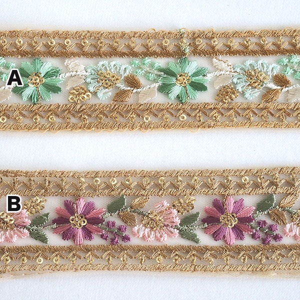 4.5cm幅 花柄インドゴールド刺繍チュールリボン ラメリボンたんぽぽ桜春色お花刺繍手芸用テープ 和装洋装着物 営業日即日発送 