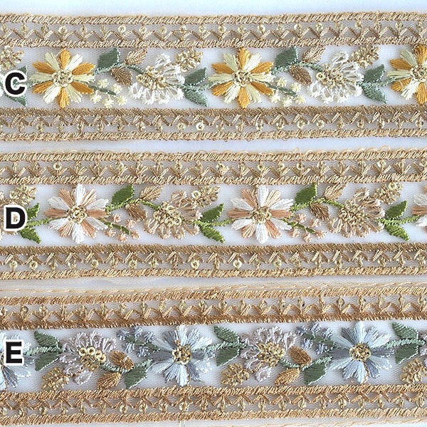 4.5cm幅 花柄インドゴールド刺繍チュールリボン ラメリボンたんぽぽ桜春色お花刺繍手芸用テープ 和装洋装着物 営業日即日発送 