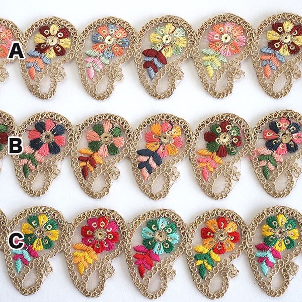 5cm幅 ペイズリーモチーフリボン スパンコール刺繍 ボタニカル花柄インド刺繍リボン 衣装デコレーション資材 営業日即日発送 [ワールデザインbistarai]