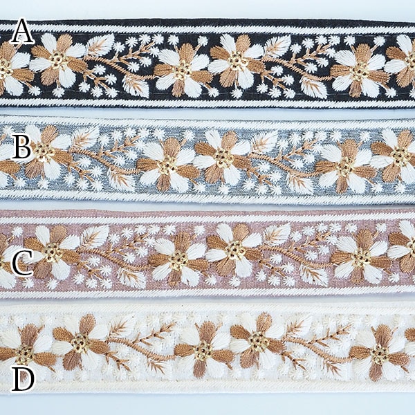 3cm幅インド刺繍リボン サリーシルク風生地 バッグ装飾 ポーチ装飾 ヘアアクセサリー 資材 上品な小花刺繍が映えるインド刺繍リボン フラワー柄 約50cmカット販売  営業日即日発送[ワールデザインbistarai]