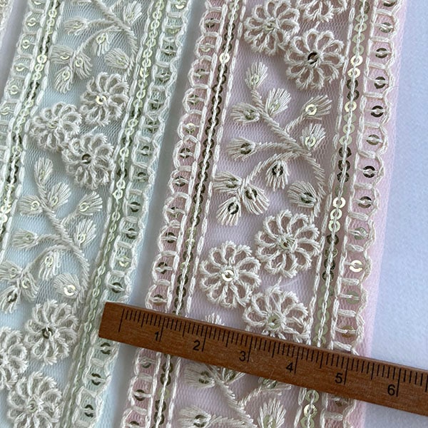 5.5cm幅 淡色ペールカラーチュールリボン くすみカラーメッシュリボン 花柄ボタニカル柄 刺繍ブレード 営業日即日発送 [ワールデザインbistarai]