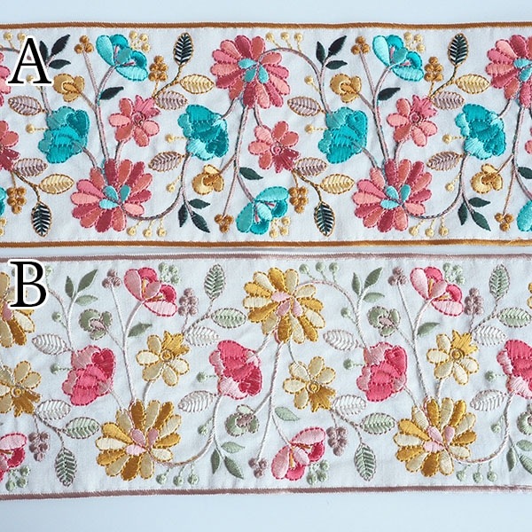 10.5cm幅 和柄風 特大幅 花柄インド刺繍リボン ハンドメイドがま口財布 ポーチ作り 帯揚げ 組紐 和装小物 着物リメイク バレッタ営業日即日発送