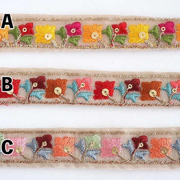 3cm幅インド刺繍リボン サリーシルク風光沢リボン 小花柄チロリアンテープ 細幅ラメリボンブレード 裁縫グッズ ハンドメイド資材 ソーイング資材 手芸用リボン スパンコール刺繍テープ 営業日即日発送 