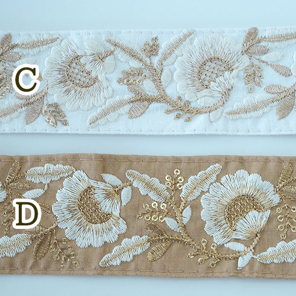 リーズナブルなシルク風の花柄インド刺繍リボンは、大きめヘア