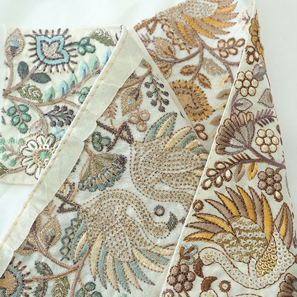 8cm幅 鳥と花柄スパンコール刺繍リボン 幅広インドリボン 太幅手芸リボン 特大幅刺繍リボン 布リボンブレード チロリアンテープ がま口作り 刺繍ポーチ資材 営業日即日発送[ワールデザインbistarai]