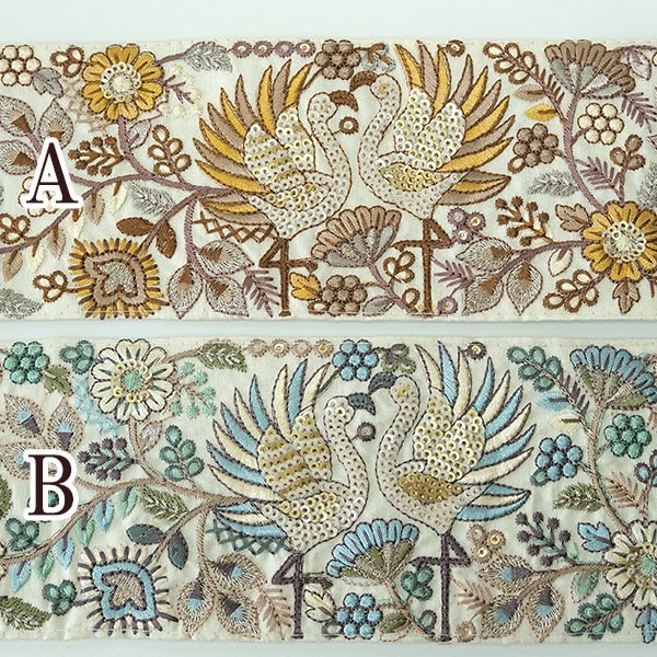 8cm幅 鳥と花柄スパンコール刺繍リボン 幅広インドリボン 太幅手芸リボン 特大幅刺繍リボン 布リボンブレード チロリアンテープ がま口作り 刺繍ポーチ資材 営業日即日発送[ワールデザインbistarai]