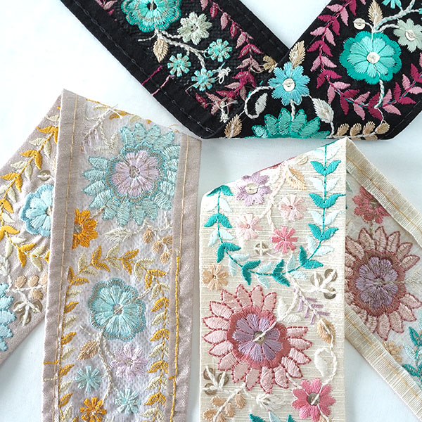 6cm幅 シルク風なめらかインド刺繍花柄リボンブレード ハンドメイドショルダーストラップカメラチェーン持ち手資材販売   幅広手芸用リボン最安値 花柄チロリアンテープ ヘアアクセサリー バッグ装飾 手芸資材 DIY 営業日即日発送[ワールデザインbistarai]