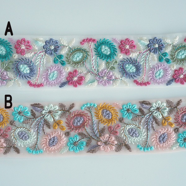 約5cm幅 レトロ花柄刺繍チュールリボン インド刺繍リボン ハンドメイドリボンキーホルダー バックチャーム資材 ピアスイヤリングパーツ 営業日即日発送