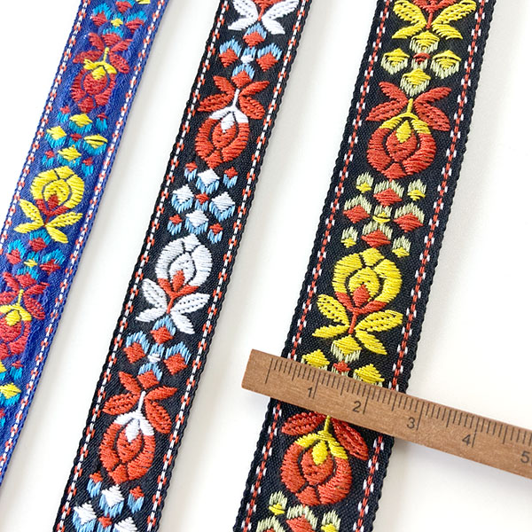 2.5cm幅 オルテガネイティブ柄 レトロ花柄刺繍チロリアンテープリボン ペットハーネス首輪 カメラストラップチェーン 営業日即日発送 