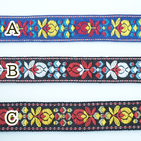 2.5cm幅 オルテガネイティブ柄 レトロ花柄刺繍チロリアンテープリボン ペットハーネス首輪 カメラストラップチェーン 営業日即日発送 