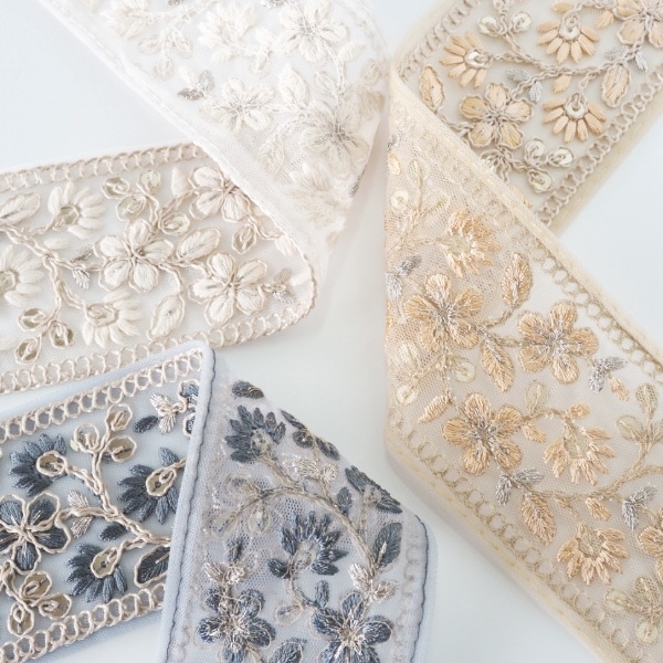 5.5cm幅 小花柄 スパンコール 刺繍リボン インドリボン メッシュリボン 手芸用リボンブレード 太幅リボン ボタニカル柄 営業日即日発送[ワールデザインbistarai]