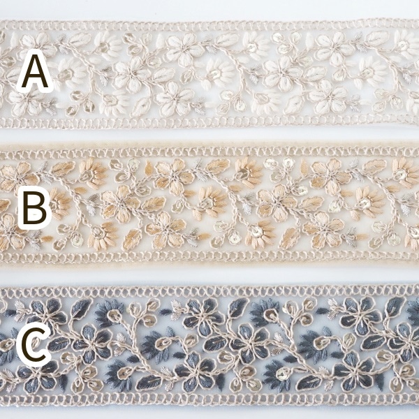 5.5cm幅 小花柄 スパンコール 刺繍リボン インドリボン メッシュリボン 手芸用リボンブレード 太幅リボン ボタニカル柄 営業日即日発送[ワールデザインbistarai]