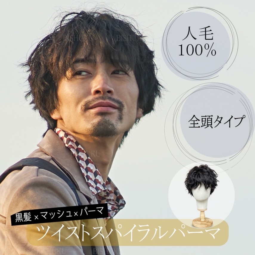 メンズ ウィッグ ツイストスパイラルパーマ 高品質 人毛100