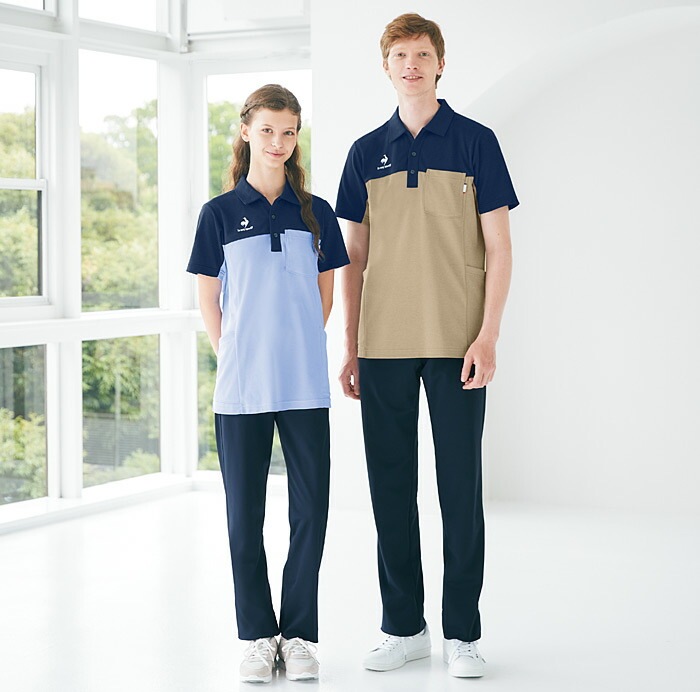 ルコックスポルティフ ニットシャツ UZL3209 半袖シャツ ユニセックス メンズ レディース 介護士 看護師  リハビリ ケア ストレッチ 汗染み防止 UVカット ユニフォーム 制服