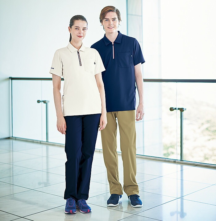 ルコックスポルティフ ジップシャツ UZL3207 半袖 ユニセックス メンズ レディース ポロシャツ 介護士 ケアワーク クリニック ユニフォーム 制服