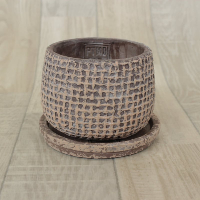 Cord brown cement pot and saucer S