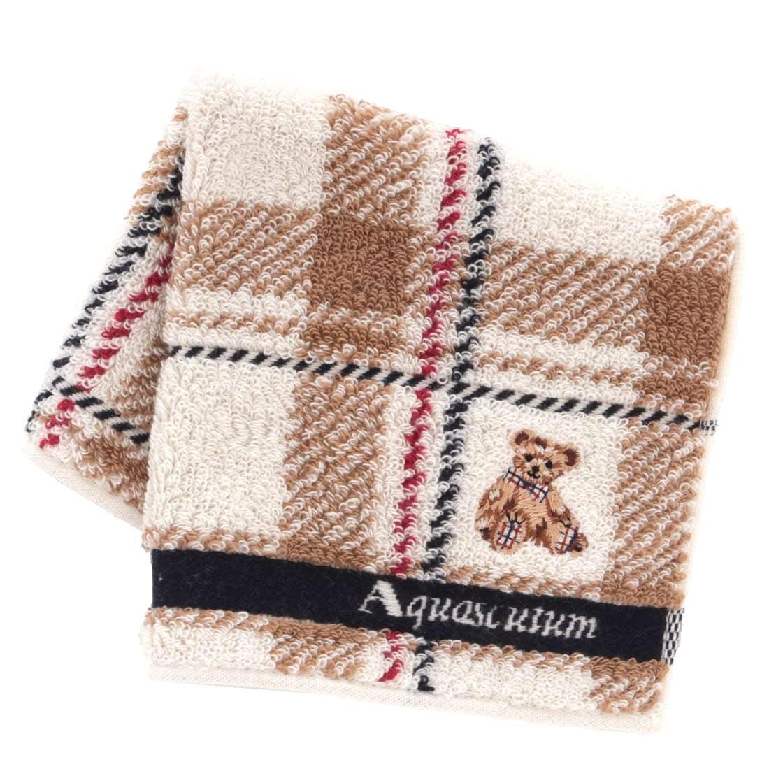 アクアスキュータム タオルハンカチ チェック＆クマ アイボリー