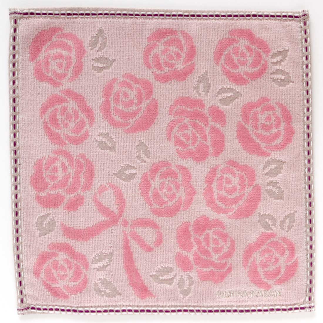 ヒビヤカダン タオルハンカチ バラモチーフ 縁取りステッチ ピンク
