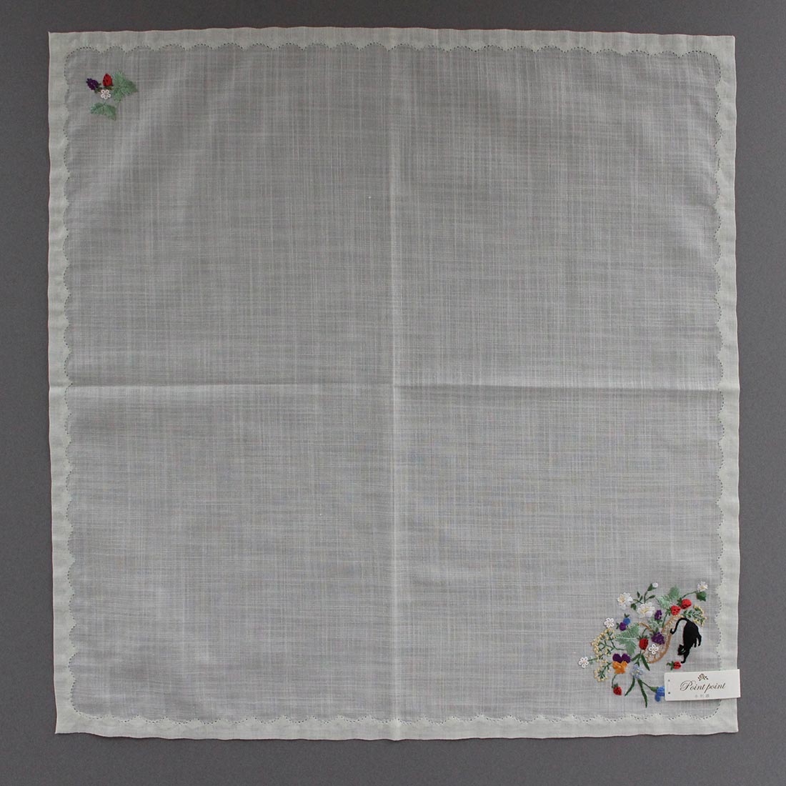 ポワンポワン ベトナム手刺繍ハンカチ 果物とネコ ライトグリーン