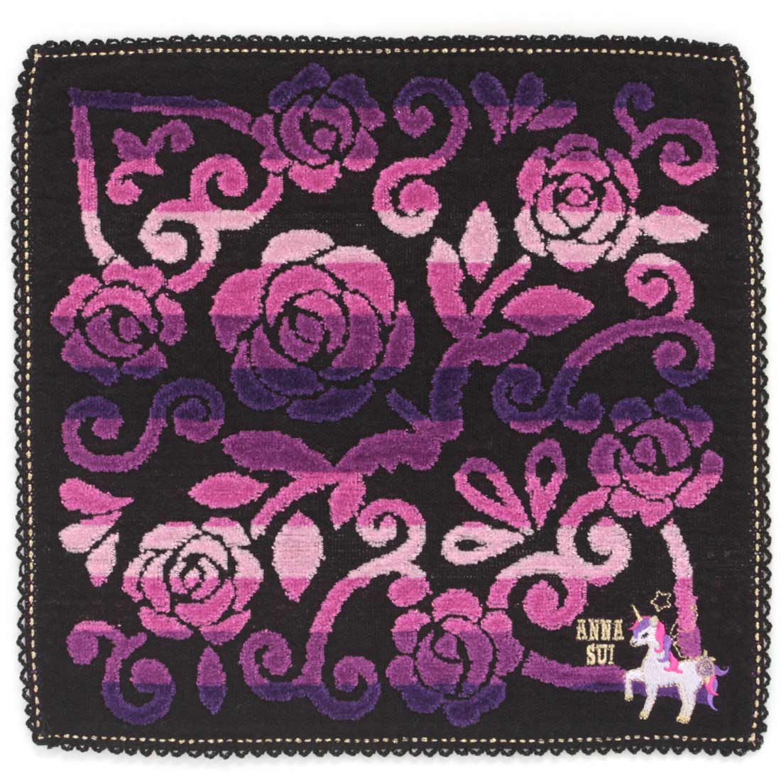 アナ スイ 大判 タオルハンカチ（28cm）干支 ユニコーン刺繍 パープル