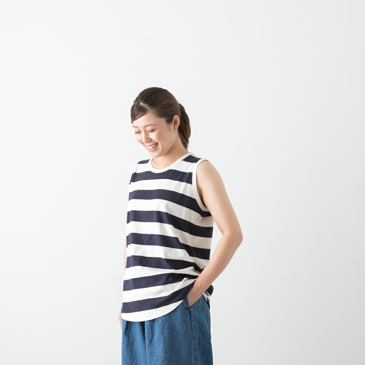 harmonie アルモニ ふんわり天竺 ワイド ボーダー 裾ラウンド ロング丈 タンクトップ 3色 82270171