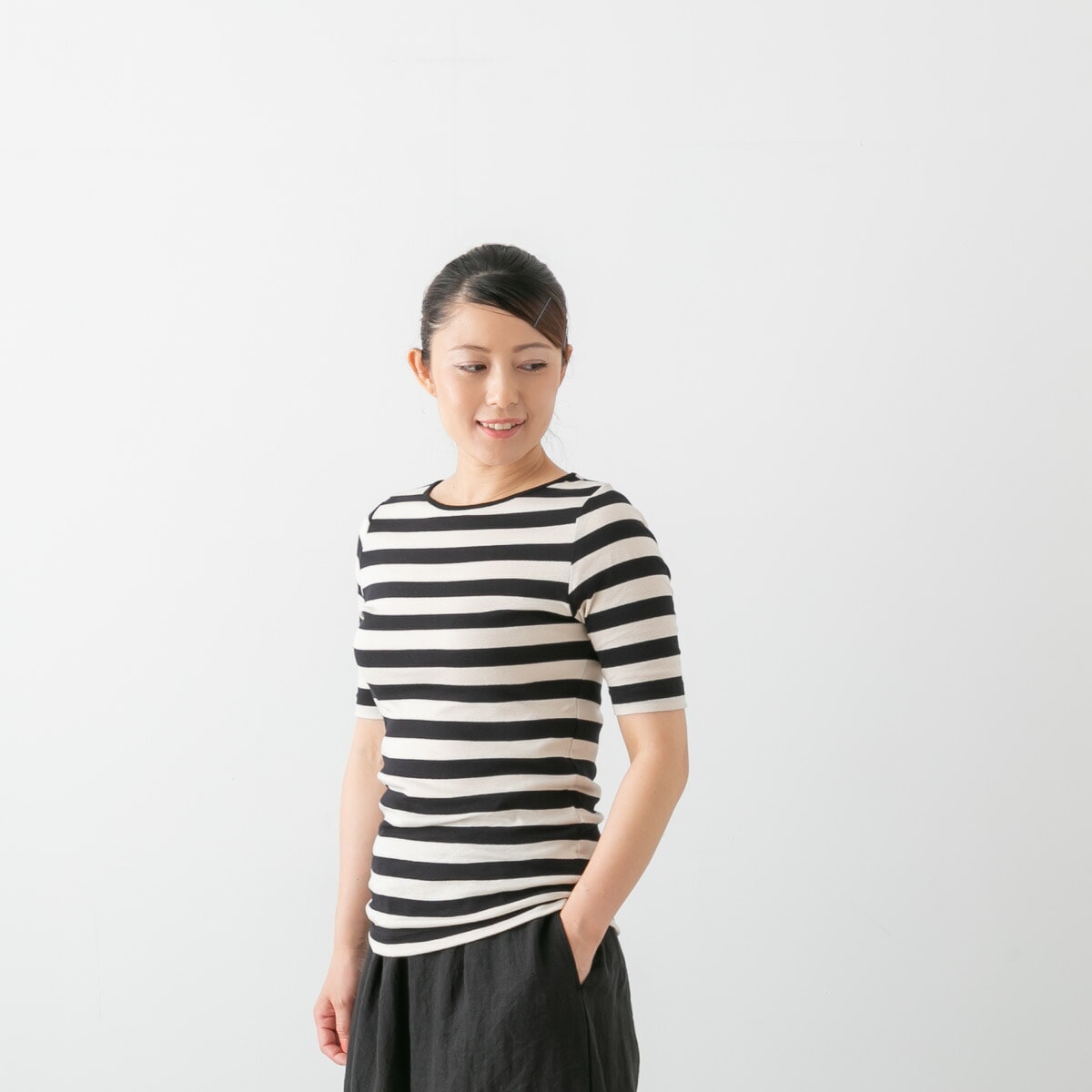 harmonie アルモニ フライス ワイドボーダー 5分袖 TEE 3色 8630981