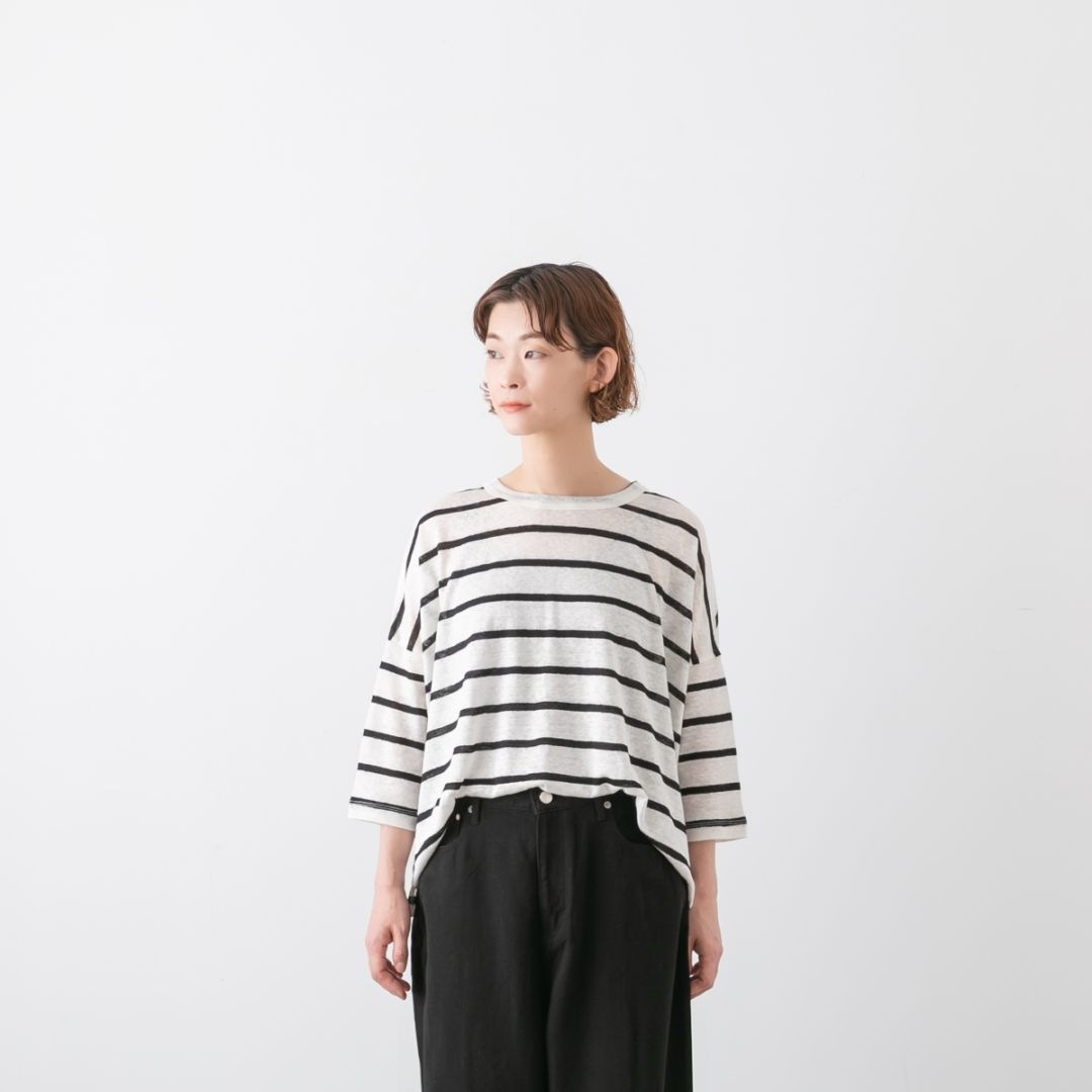 maomade マオメイド リネン ボーダー 7分袖TEE 521223