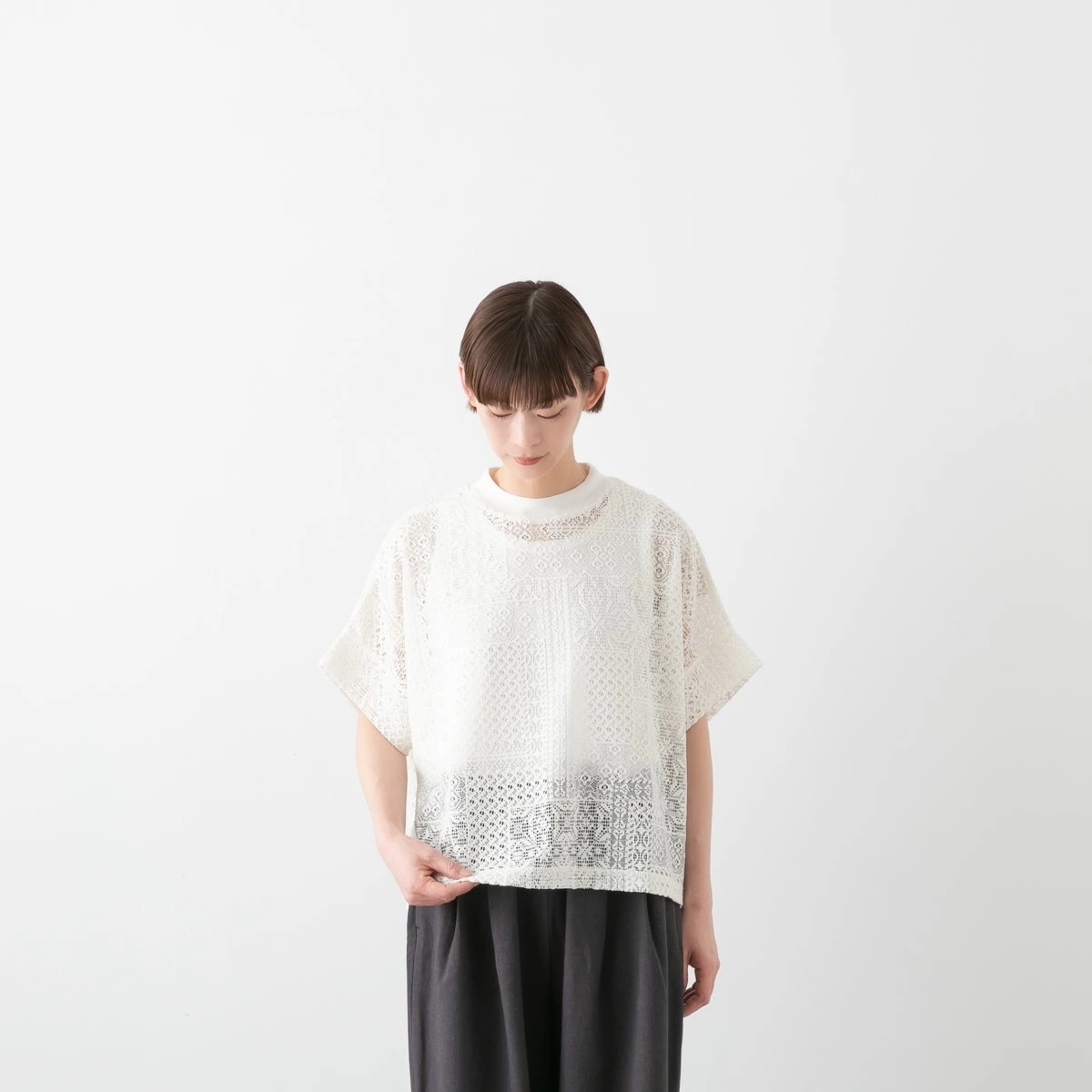 TISSU ティシュ パッチワーク レース モックネック ドルマン Tシャツ 3色 TS260CT088