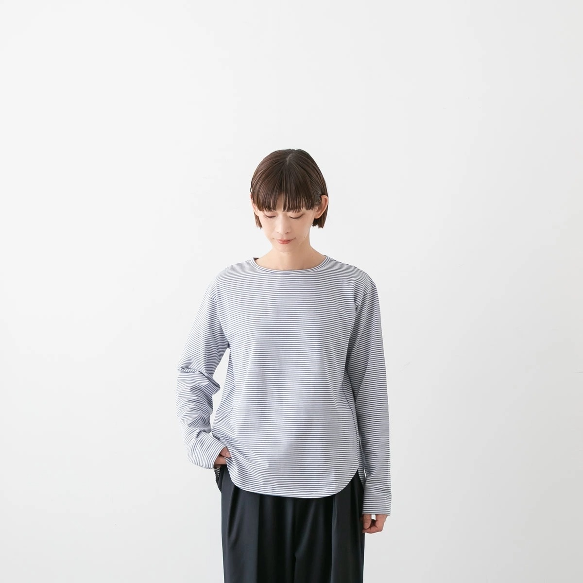 maomade マオメイド 細細 ボーダー ラウンドヘム TEE 長袖 カットソー 5色 641201B